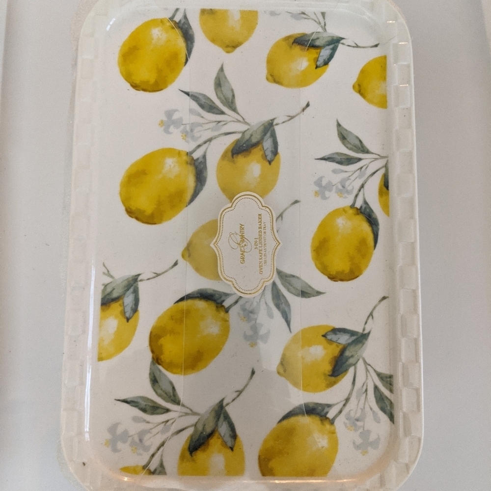 Lemon Print Porcelain 3 in 1  Covered Casserole Lidded Baker Dish New